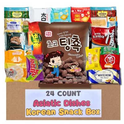 Asiatic Dishes Korean Snack Box - 24 Count Variety Pack with Cookies, Crackers, Coffee Mix, and Candy - Gift Care Package for Adults, Kids, and College Students