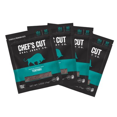 Chef&#39;s Cut Beef Jerky Meat, Teriyaki (2.5 Ounce Bags, Pack of 4) - High Protein, 10g Protein, 80 Calories, Gluten-Free, Premium Lean Smoked Beef, Keto Friendly Snack, Low Carb Snack