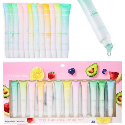 12pc Lip Oil Set - Flavored Lip Oils Value Pack, Hydrating Lip Oils w/Squeeze Tube Application, Moisturizing Lip Oil Collection for Everyday Lip Care and Lip Repair (FRUITS)