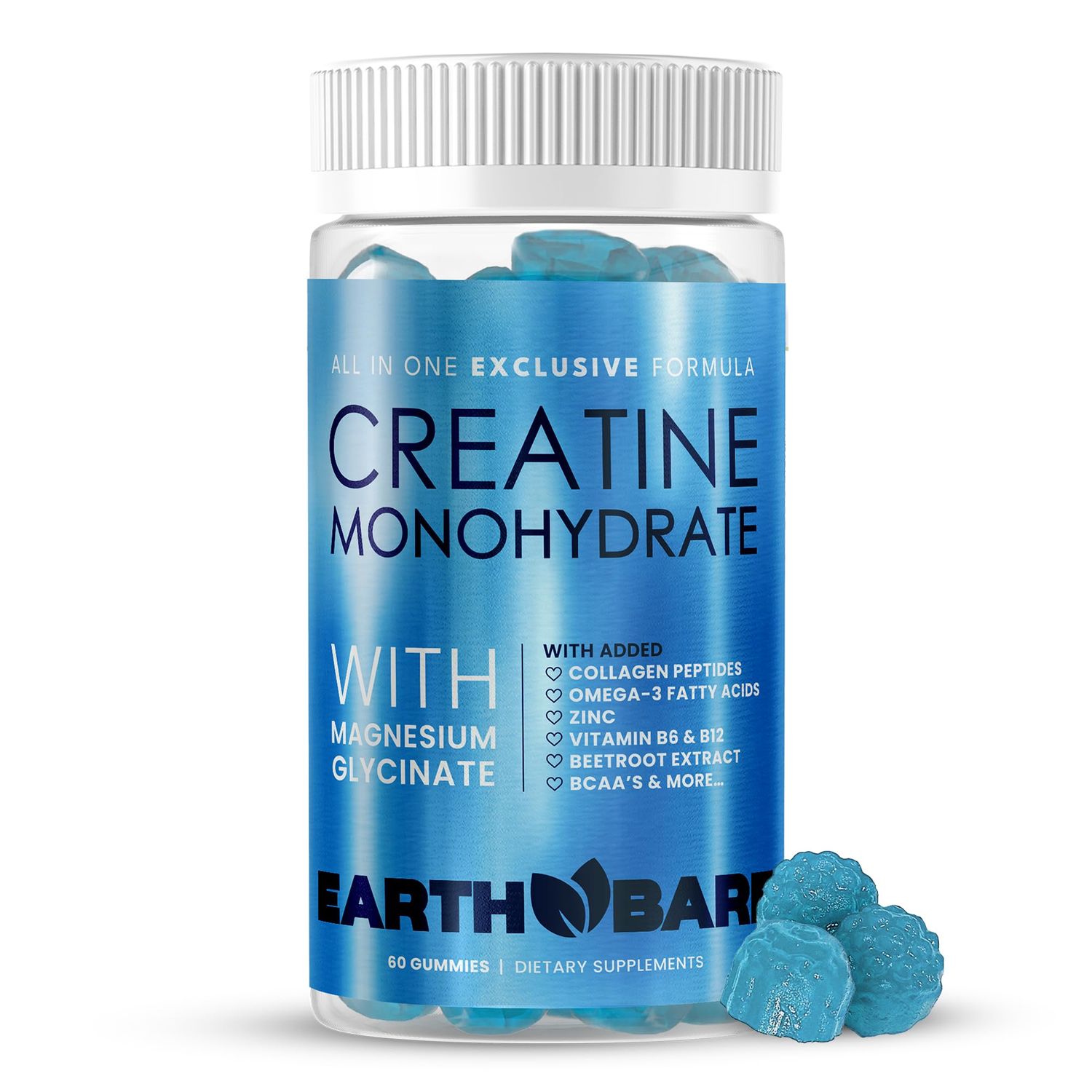 Earth Bare Creatine Monohydrate and Magnesium Gummies for Adults | Beta Alanine, Collagen Peptides, L-Arginine, B Vitamins | 60 Gummies