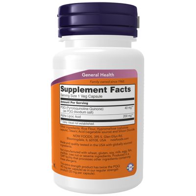 NOW Foods Supplements, PQQ 40 mg with 200 mg Alpha Lipoic Acid, Extra Strength, 50 Veg Capsules