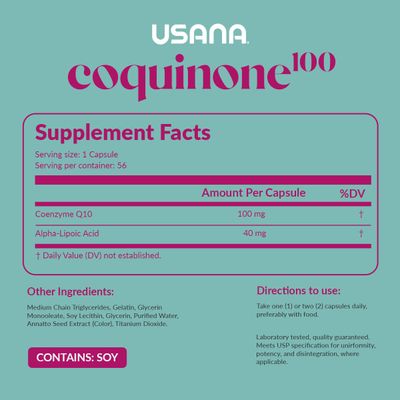 USANA CoQuinone 100 CoQ10 Coenzyme Q10 Supplement with Alpha-Lipoic Acid to Support Heart Health - 56 Softgels - 28 Day Supply