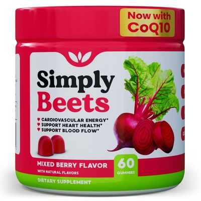 Simply Beets - Beet Gummies with CoQ10-Nitric Oxide &amp; Energy Support-Non-GMO Beetroot Powder &amp; Grape Seed Extract- Natural Mixed Berry Flavor-60 Count