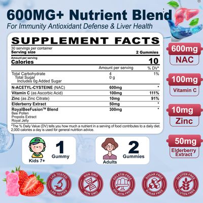 NAC Gummies for Kids &amp; Adults, Chewable N-Acetyl Cysteine Supplement(Made in USA) 600mg 1000mg w/Vitamin C, Zinc, Elderberry for Antioxidants &amp; Immune Support, Lung &amp; Liver Health, Sugar Free, 120 Ct