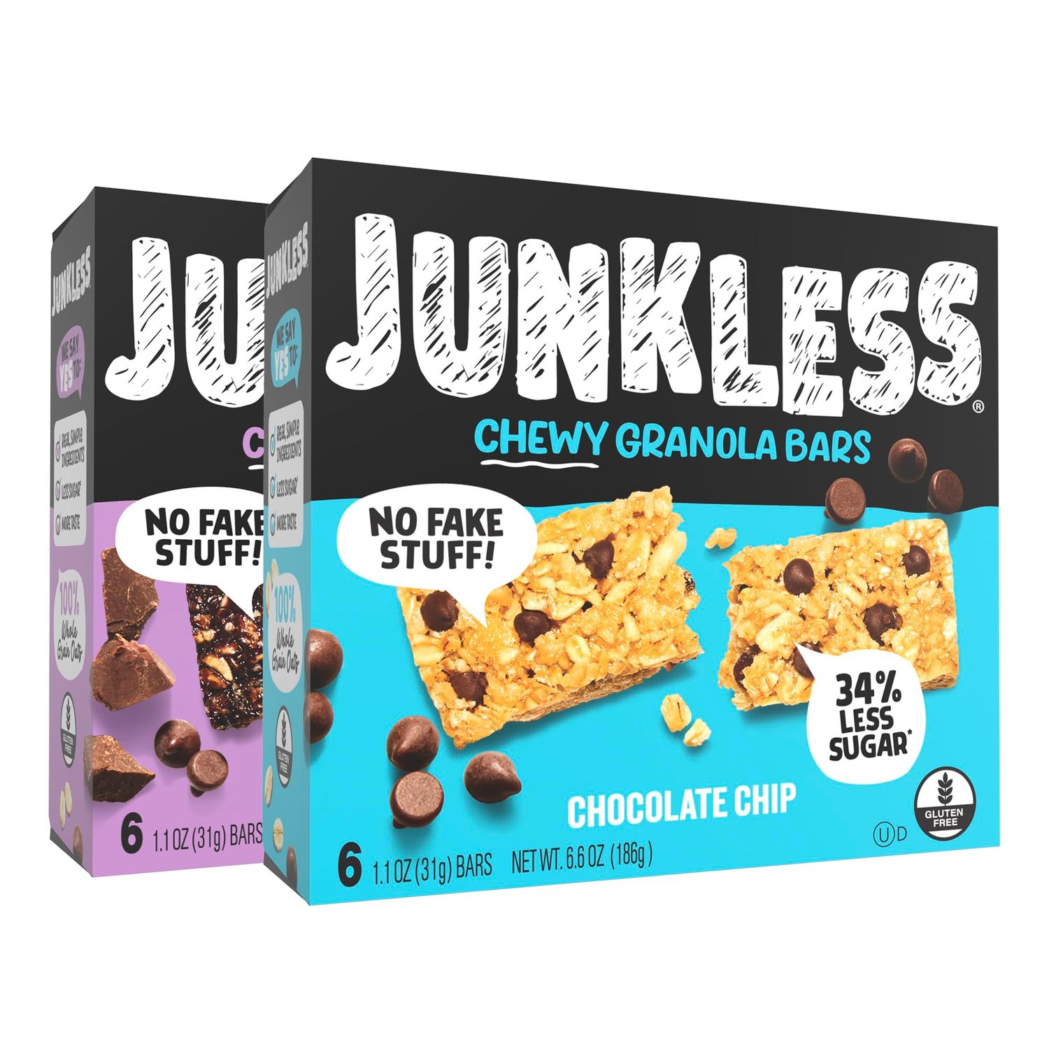 Junkless Chocolate Chip &amp; Double Chocolate Chewy Granola Bars Twin Pack - Less Sugar, Great Tasting, Wholesome Snacks - 1.1 oz. Bars