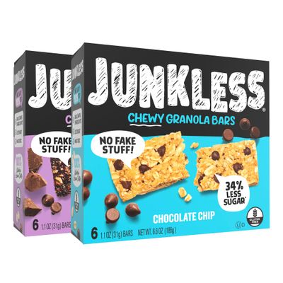 Junkless Chocolate Chip &amp; Double Chocolate Chewy Granola Bars Twin Pack - Less Sugar, Great Tasting, Wholesome Snacks - 1.1 oz. Bars