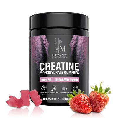 INSTAMART Creatine Monohydrate Gummies - 5000MG | Sugar-Free, Strawberry Flavored, with B12, Turmeric &amp; Black Pepper | Creatine for Women &amp; Men | 180 Gummies | 45 Days Servings