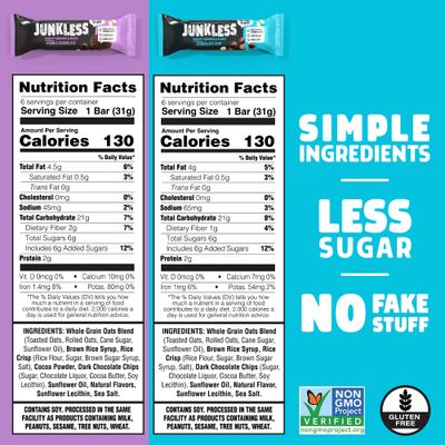 Junkless Chocolate Chip &amp; Double Chocolate Chewy Granola Bars Twin Pack - Less Sugar, Great Tasting, Wholesome Snacks - 1.1 oz. Bars