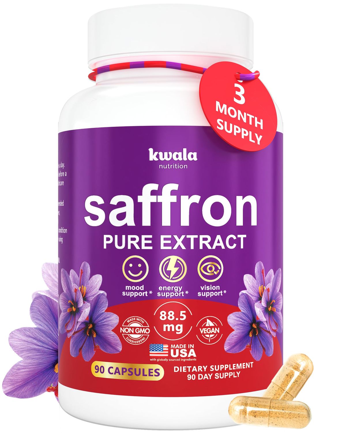 Kwala Nutrition Saffron Supplements | 3 Month Supply | Pure 88.5mg Saffron Extract for Women &amp; Men | Mood, Energy &amp; Vision Support | Vegan, Non-GMO | 90 Capsules