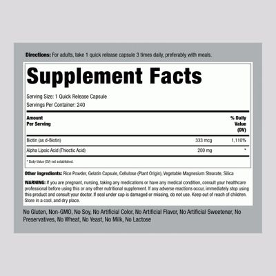 Piping Rock Alpha Lipoic Acid 200mg | 240 Capsules | Plus Biotin | Non-GMO, Gluten Free Supplement