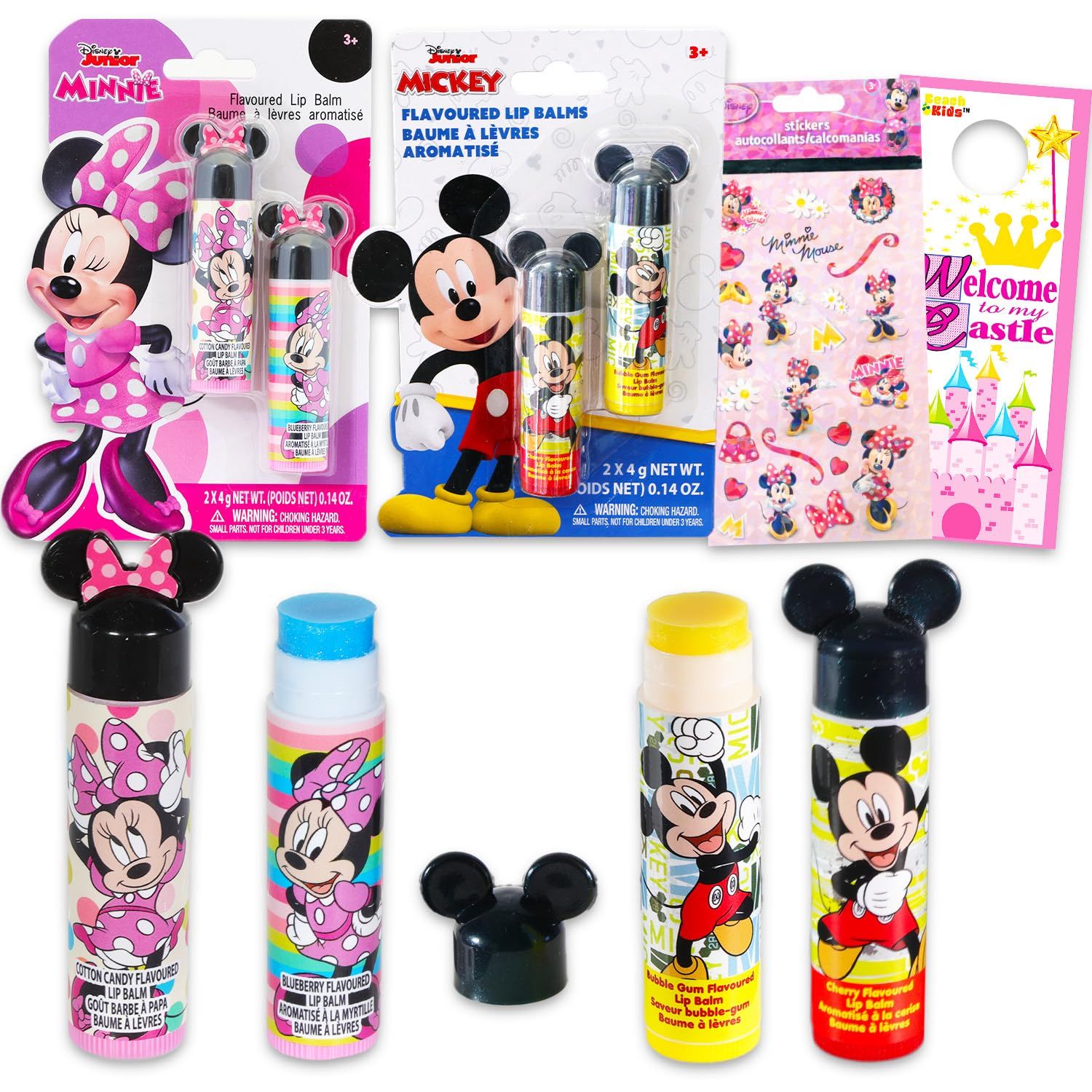 Disney Mickey and Minnie Mouse Lip Balm Tubes - Bundle with 4 Mickey and Minnie Lip Balms in Assorted Flavors for Party Favors Plus Stickers, More | Disney Lip Balm for Girls, Kids