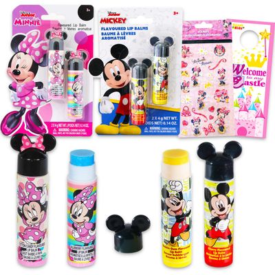 Disney Mickey and Minnie Mouse Lip Balm Tubes - Bundle with 4 Mickey and Minnie Lip Balms in Assorted Flavors for Party Favors Plus Stickers, More | Disney Lip Balm for Girls, Kids