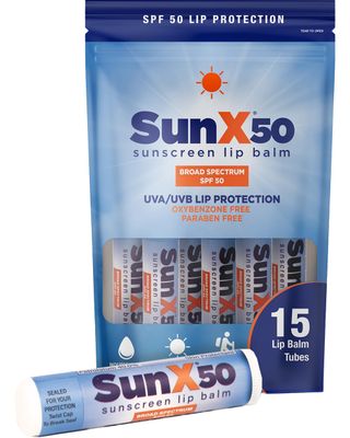 CoreTex Sun X 50 Lip Balm SPF 50 with Resealable Travel Bag - Pack of 15 Sunscreen Lip Balms (Protects Against UVA/UVB Rays) - Water Resistant Up to 80 Minutes and Free of Parabens &amp; Oxybenzone