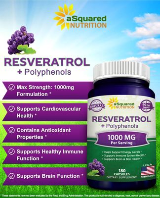 aSquared Nutrition Natural Resveratrol with Red Wine Extract - 180 Capsules - Trans Resveratrol Antioxidant Supplement Pills for Pure Heart Health - Extra Strength Trans-Resveratrol