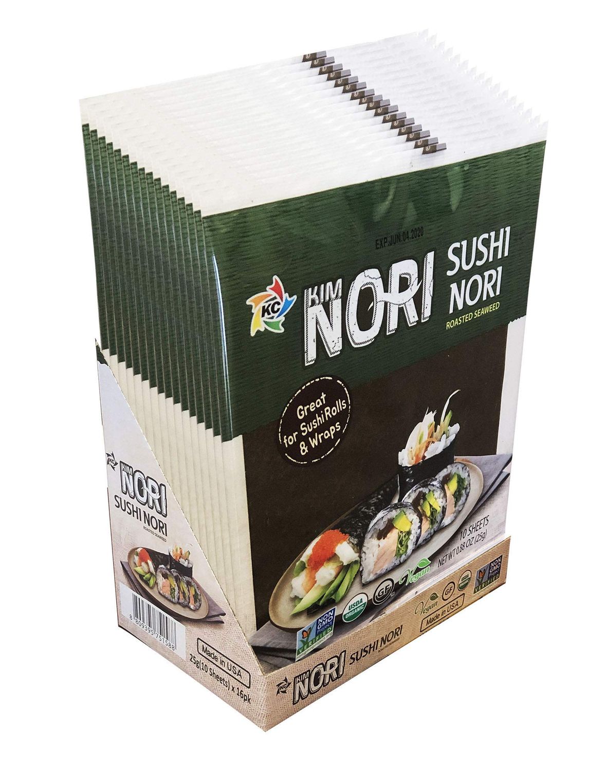 KIMNORI Sushi Nori Seaweed Sheets - 160 Full Size USDA Organic Yaki Roasted Rolls Wraps Snack 100 Natural Laver Gluten Free No MSG Non GMO Vegan Kosher 25 Gram 0.88 Ounce (10 Sheet X 16 Pack)