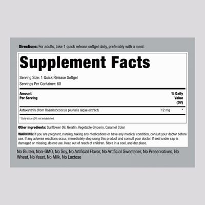 Piping Rock Astaxanthin 12mg | 60 Quick Release Softgels | Extract Supplement | Gluten Free, Non-GMO