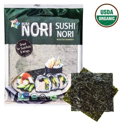 KIMNORI Sushi Nori Seaweed Sheets - 160 Full Size USDA Organic Yaki Roasted Rolls Wraps Snack 100 Natural Laver Gluten Free No MSG Non GMO Vegan Kosher 25 Gram 0.88 Ounce (10 Sheet X 16 Pack)