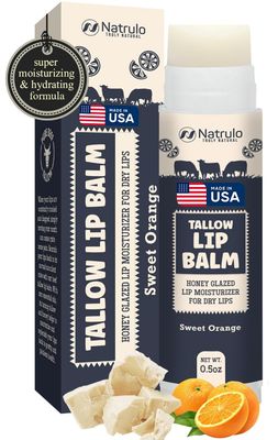 Beef Tallow Lip Balm - Natural Tallow Beeswax Chapstick - Hydrating Moisturizer Grass Fed Tallow Balm Lip Care - Soothes Chapped, Dry Lips, Sensitive Skin - Long Lasting Vitamin Rich USA-Made Orange