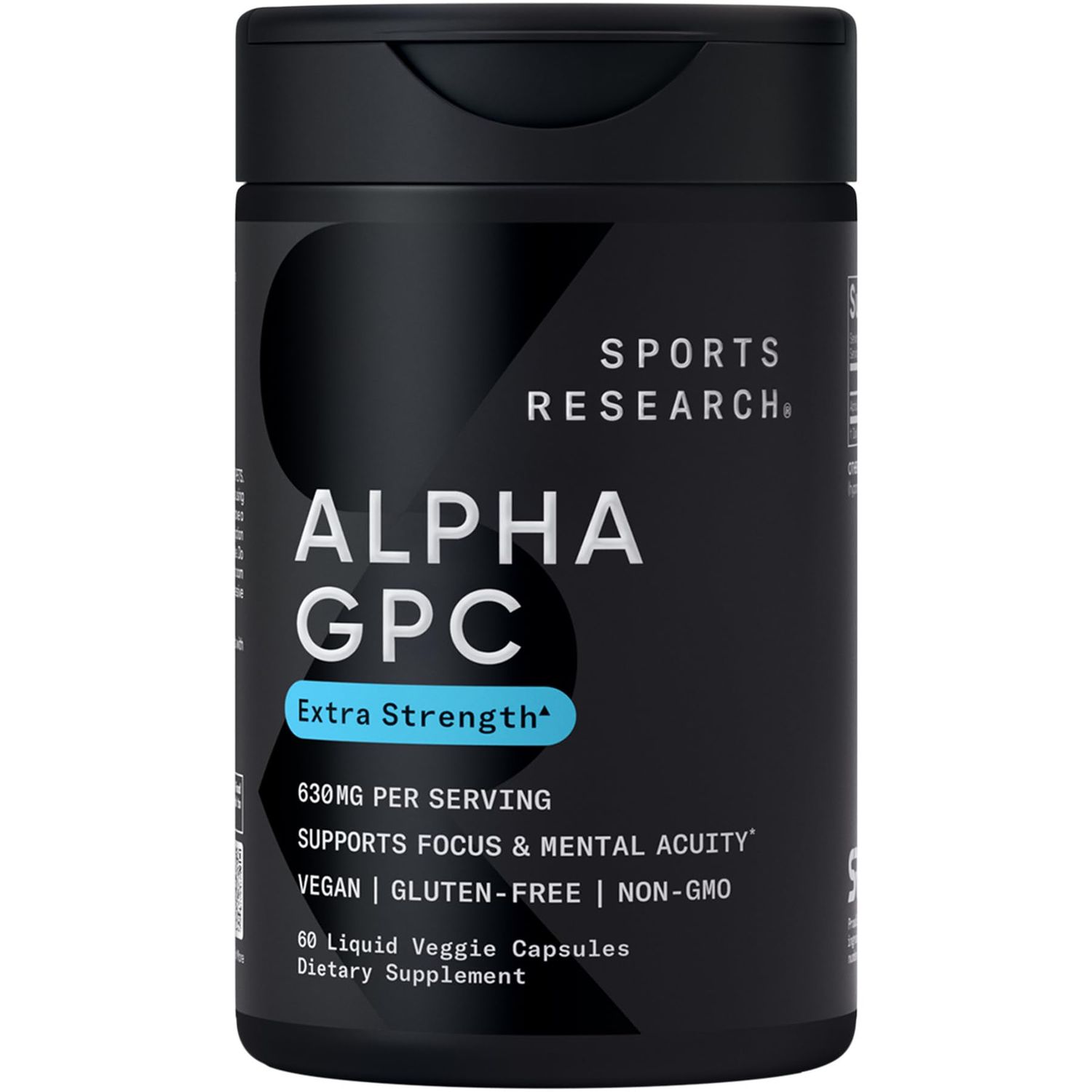 Sports Research Alpha GPC 630mg - Extra Strength Cognitive &amp; Focus Support for Women and Men - Vegan Certified Non-GMO Gluten Free - 60 Liquid Veggie Capsules