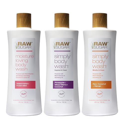 RAW SUGAR Simply Body Wash Variety Trio (25 Fl Oz, Pack of 3) Vegan Bath &amp; Shower Gel, Raw Coconut Mango, Pineapple Maqui Berry Coconut and Watermelon Fresh Mint, No Sulfates &amp; Parabens