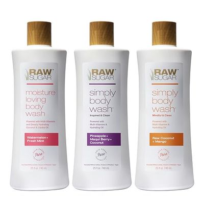 RAW SUGAR Simply Body Wash Variety Trio (25 Fl Oz, Pack of 3) Vegan Bath &amp; Shower Gel, Raw Coconut Mango, Pineapple Maqui Berry Coconut and Watermelon Fresh Mint, No Sulfates &amp; Parabens