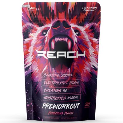 REACH Supplements Pre Workout Supplement - Fitness Supplements, Workout Supplements - Energy Supplement for Men and Women - 200 mg Caffeine - Ferocious Punch