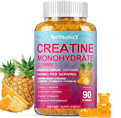 Creatine Monohydrate 8000mg Gummies with BCAA, L-Carnitine, Taurine &amp; Vitamin B12 - Pre Workout Supplement for Muscle Growth, Strength &amp; Energy - Pineapple Flavor Gummies, 90 Count for Men &amp; Women