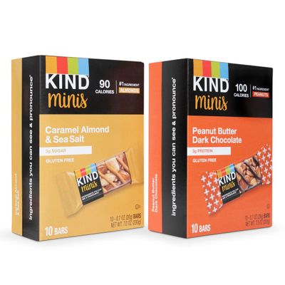 Kind Minis, Variety Pack. Contains 1 Peanut Butter Dark Chocolate, and 1 Caramel Almond &amp; Sea Salt, Low Calorie, Gluten Free, Low Sugar, Healthy Snacks, Ilios Packaging. 20 Bars