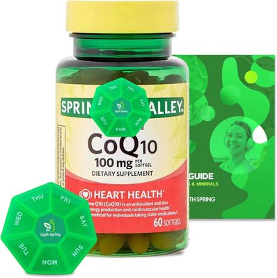 Rapid-Release CoQ10 100 mg, 60 Softgels with Bundle Exclusive Vitamins &amp; Minerals - A to Z - Better Ligth&amp;Spring Guide Weekly Pill Organizer (3 Items)