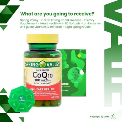 Rapid-Release CoQ10 100 mg, 60 Softgels with Bundle Exclusive Vitamins &amp; Minerals - A to Z - Better Ligth&amp;Spring Guide Weekly Pill Organizer (3 Items)