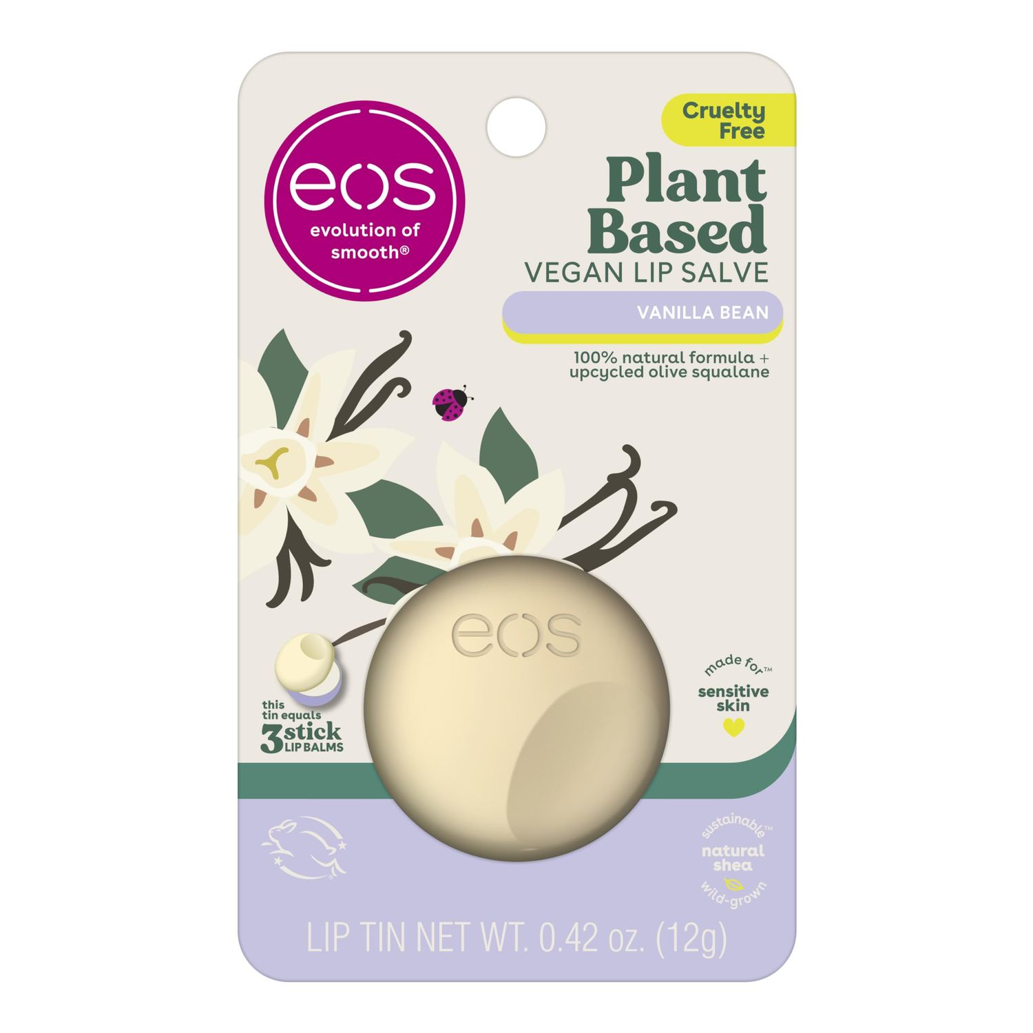 eos Plant-Based Vegan Lip Salve - Vanilla Bean, 100 Natural Formula, Cocoa Butter Lip Balm with Upcycled Olive Squalane, Cruelty-Free, 0.42 oz