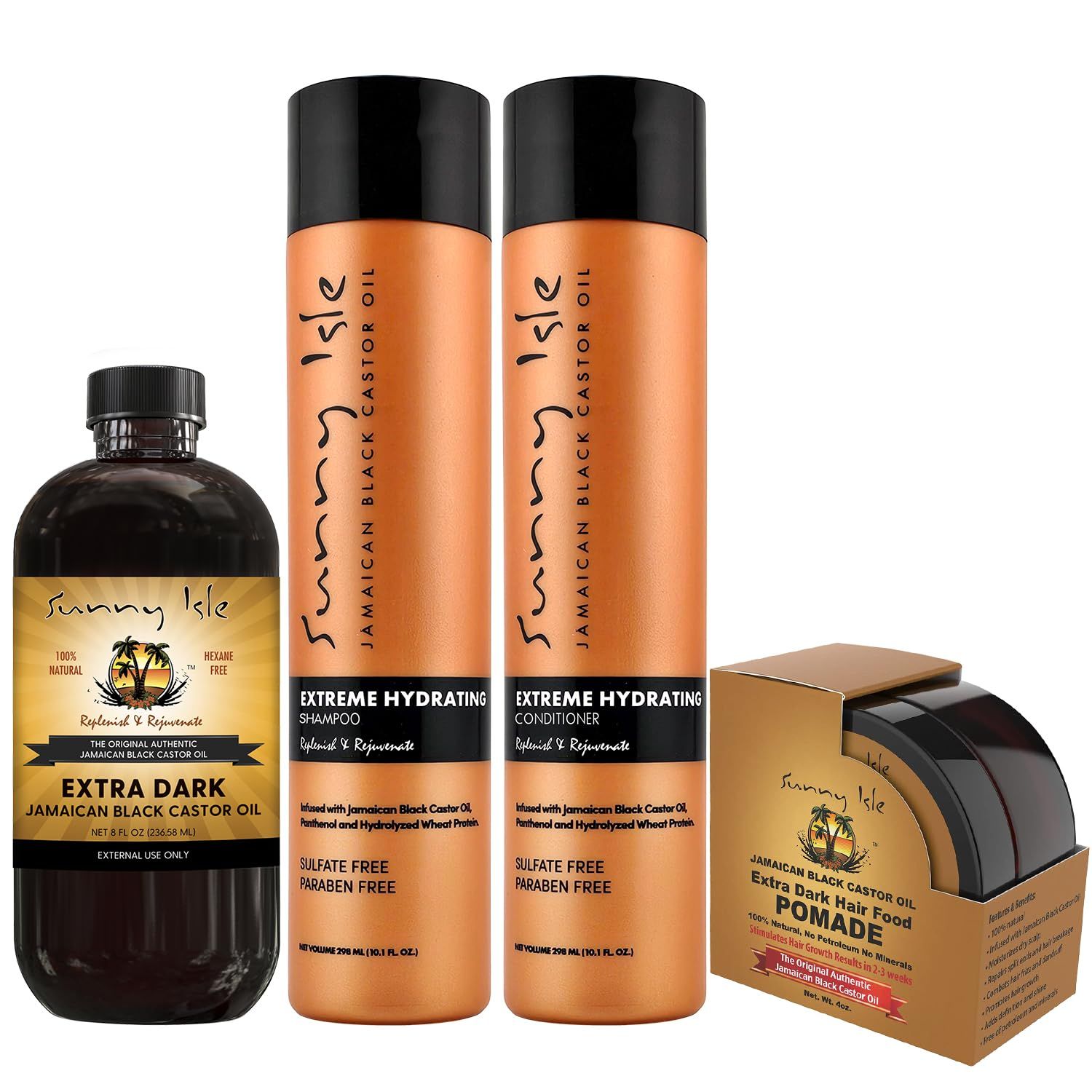 Sunny Isle Extra Dark Jamaican Black Castor Oil 8oz PET | Extreme Hydration Shampoo &amp; Conditioner 10.1oz | Hair Food Pomade 4oz | Hair &amp; Scalp High Potency Treatment 4-Piece Set
