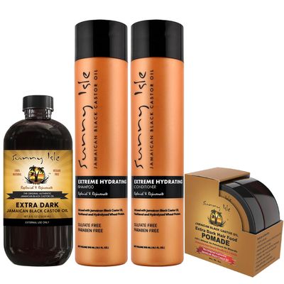 Sunny Isle Extra Dark Jamaican Black Castor Oil 8oz PET | Extreme Hydration Shampoo &amp; Conditioner 10.1oz | Hair Food Pomade 4oz | Hair &amp; Scalp High Potency Treatment 4-Piece Set