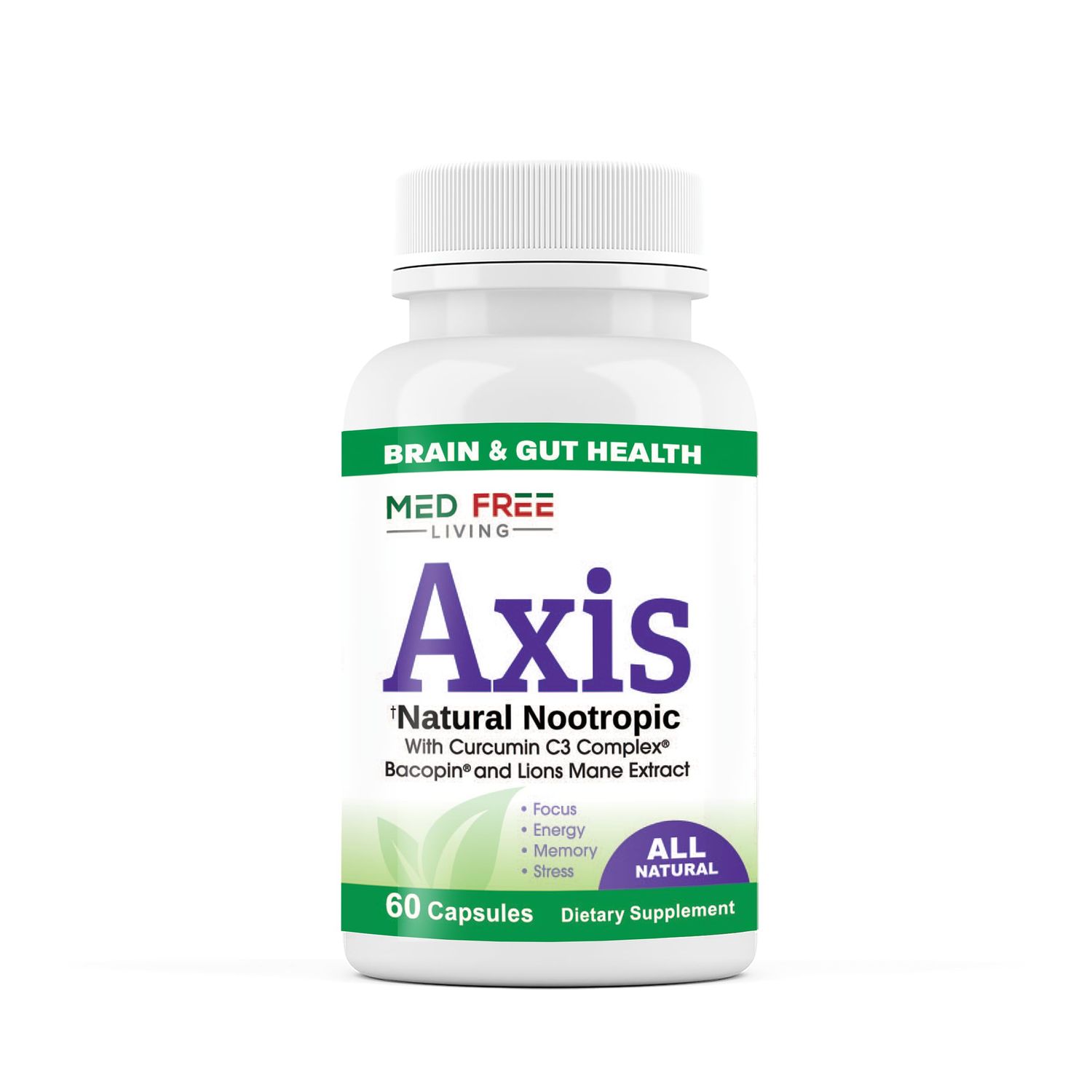 Axis Natural Nootropic Supplement with Curcumin C3 Complex, Bacopin, and Lion&#39;s Mane Extract - Brain &amp; Gut Health Support, Focus, Energy, Stress Relief - 60 Capsules, All-Natural, Med Free Living (1)