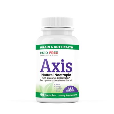 Axis Natural Nootropic Supplement with Curcumin C3 Complex, Bacopin, and Lion&#39;s Mane Extract - Brain &amp; Gut Health Support, Focus, Energy, Stress Relief - 60 Capsules, All-Natural, Med Free Living (1)