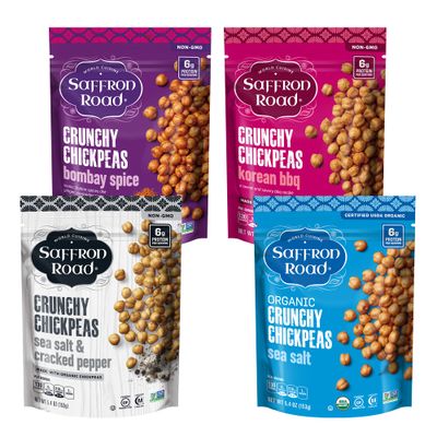 Saffron Road Roasted and Crunchy Bombay Spice, Korean BBQ, Sea Salt &amp; Cracked Pepper Chickpeas | High Protein Snacks | Gluten-free, Vegetarian, Non-GMO, and Certified Halal and Kosher | Pack of 4