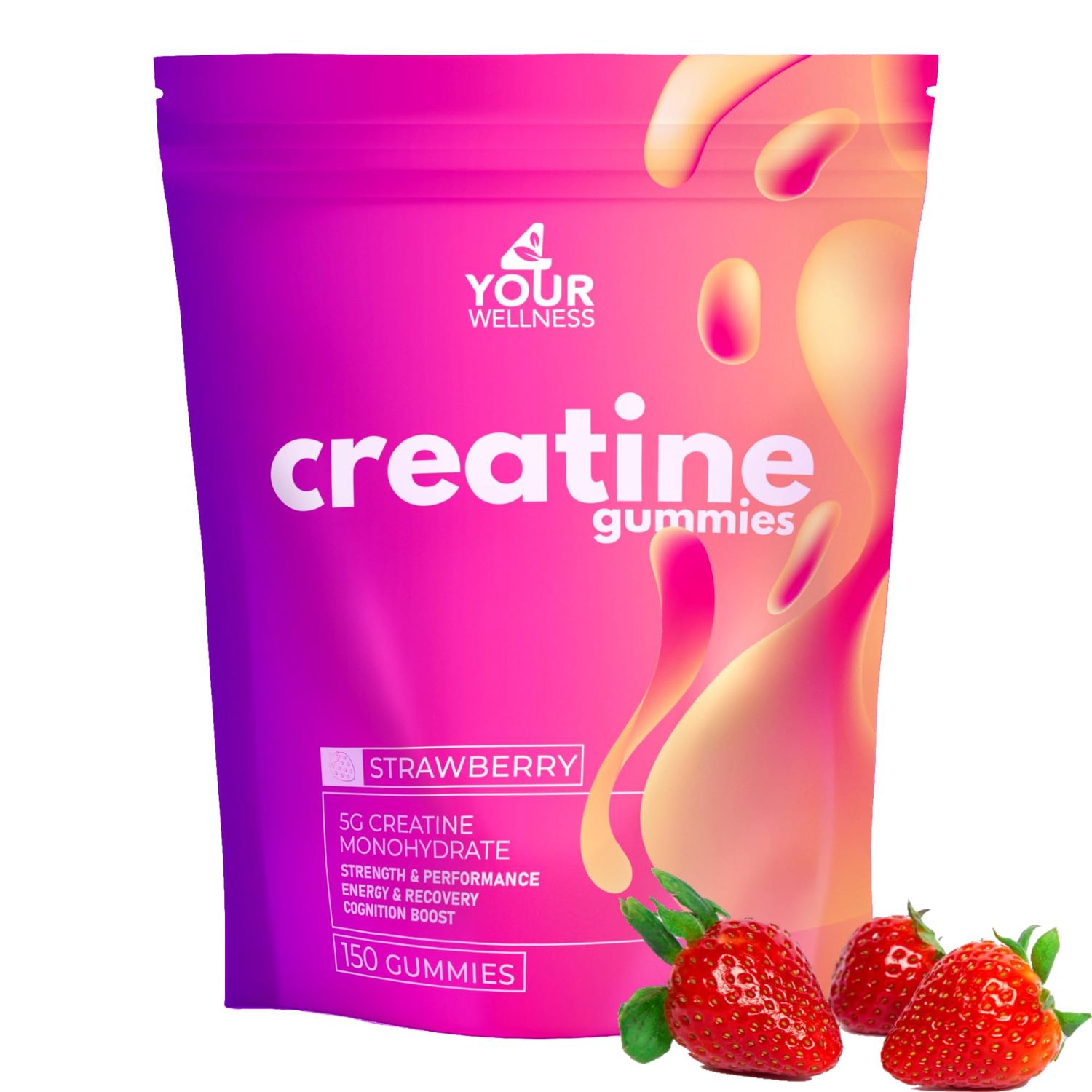 4 Your Wellness Creatine Monohydrate 5000mg Gummies for Men and Women, Boost Strength, Cognition, Endurance and Focus, Anti-Melting, Vegan, Gluten-Free &amp; Non-GMO Formula (150-Pack, Strawberry)