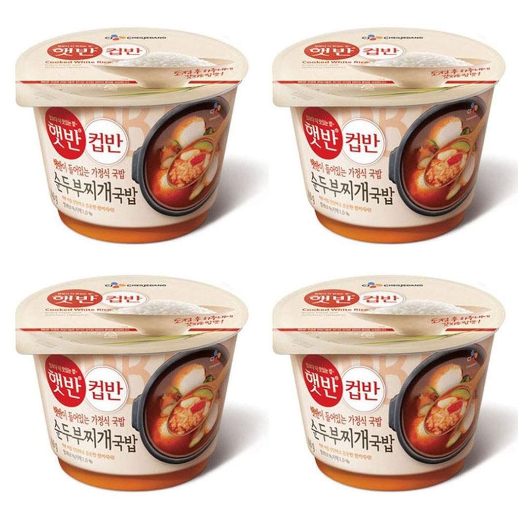 Cupbahn Korean Pre-Cooked Meal with White Rice - 25 Taste by Hetbahn (Soft Tofu Stew, 4 Bowls)