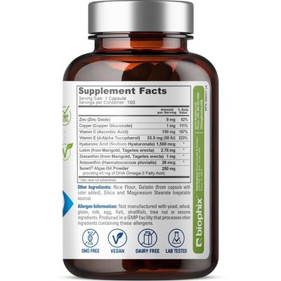 biophix Retinal Support Maximum Strength Complex Formula 100 Capsules - Zinc Vitamin C E Lutein DHA Omega-3 Astaxanthin Hyaluronic Acid - Supports Eye Vision Health