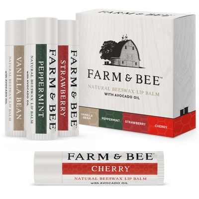Natural Lip Balm - Variety Pack - Organic &amp; Natural Ingredients - Beeswax Based Lip Care Chapstick - Great Gift - Farm &amp; Bee - 0.15oz (Pack of 4 - Vanilla Bean/Peppermint/Strawberry/Cherry)