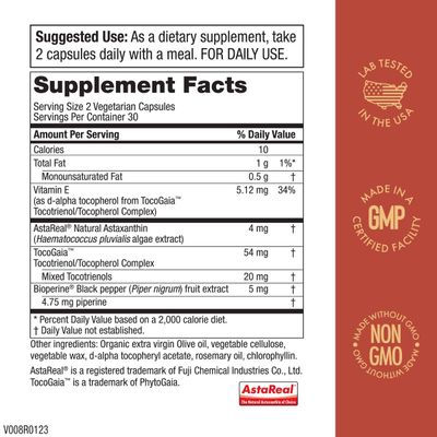 Purity Products AstaFX Astaxanthin Antioxidant Super Formula from Clinically Tested 4 mg AstaREAL with Tocotrienols (Vitamin E) BioPerine Black Pepper Piperine - 60 Vegetarian Caps