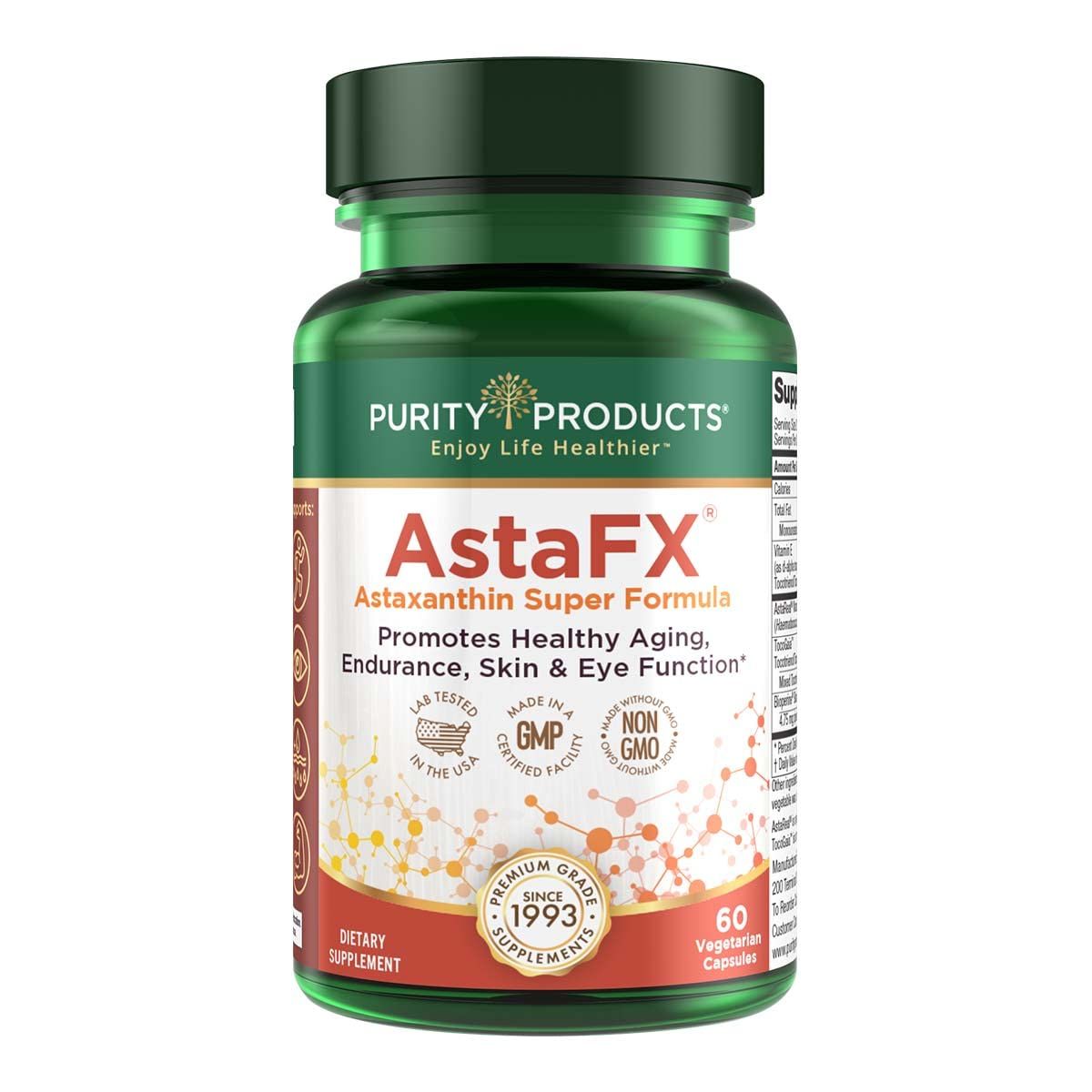Purity Products AstaFX Astaxanthin Antioxidant Super Formula from Clinically Tested 4 mg AstaREAL with Tocotrienols (Vitamin E) BioPerine Black Pepper Piperine - 60 Vegetarian Caps