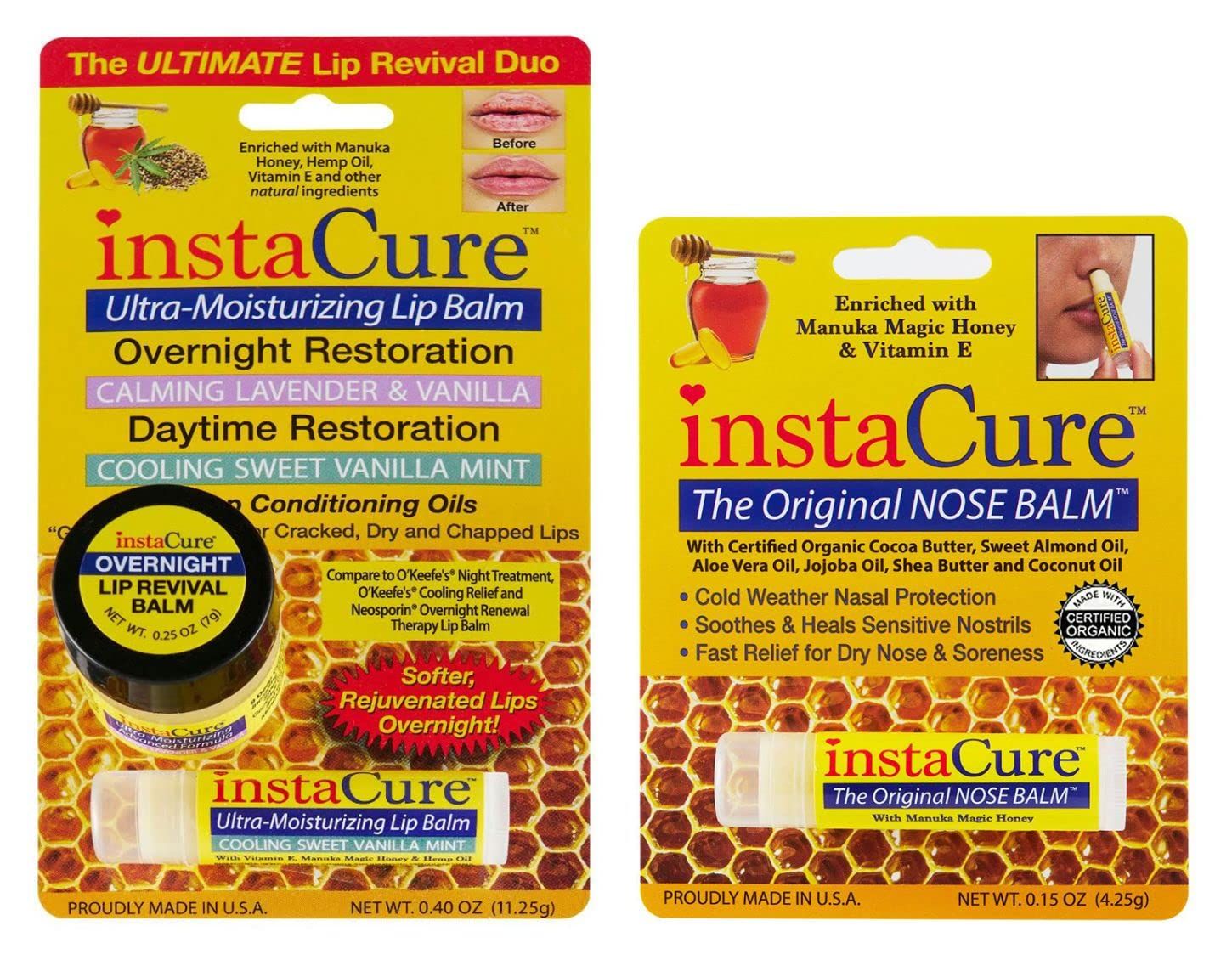 InstaCure Original Nose Balm Fast Relief for Cracked, Dry &amp; Sore Noses, Ultra-Moisturizing Lip Repair Duo, Calming Lavender &amp; Vanilla Overnight Lip Mask, Cooling Sweet Vanilla Mint Daytime Lip Balm