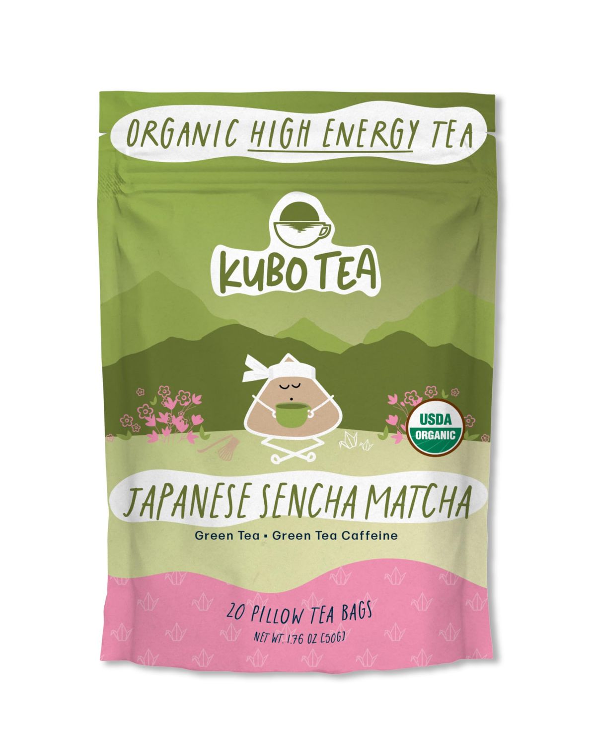 Kubo Tea Japanese Sencha Matcha Tea - Organic High Caffeine Energy Blend w/ Matcha Powder - 20 Pillow Tea Bags (140mg Caffeine each) - Coffee Substitute for Hot &amp; Iced Drinks, Biodegradable &amp; Compo...