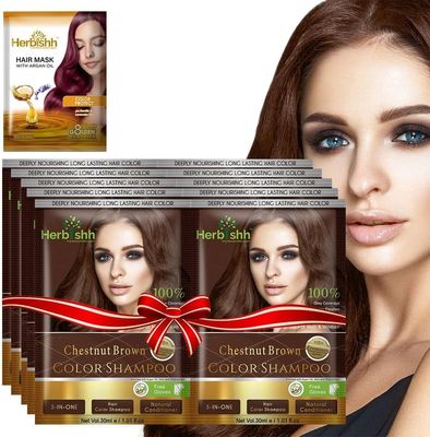 Herbishh Gray Hair Color Shampoo - Natural Argan Mask for Long-Lasting Color in Minutes - Travel Size, 10 Pack 1 Pack, Ammonia-Free (Chestnut Brown)