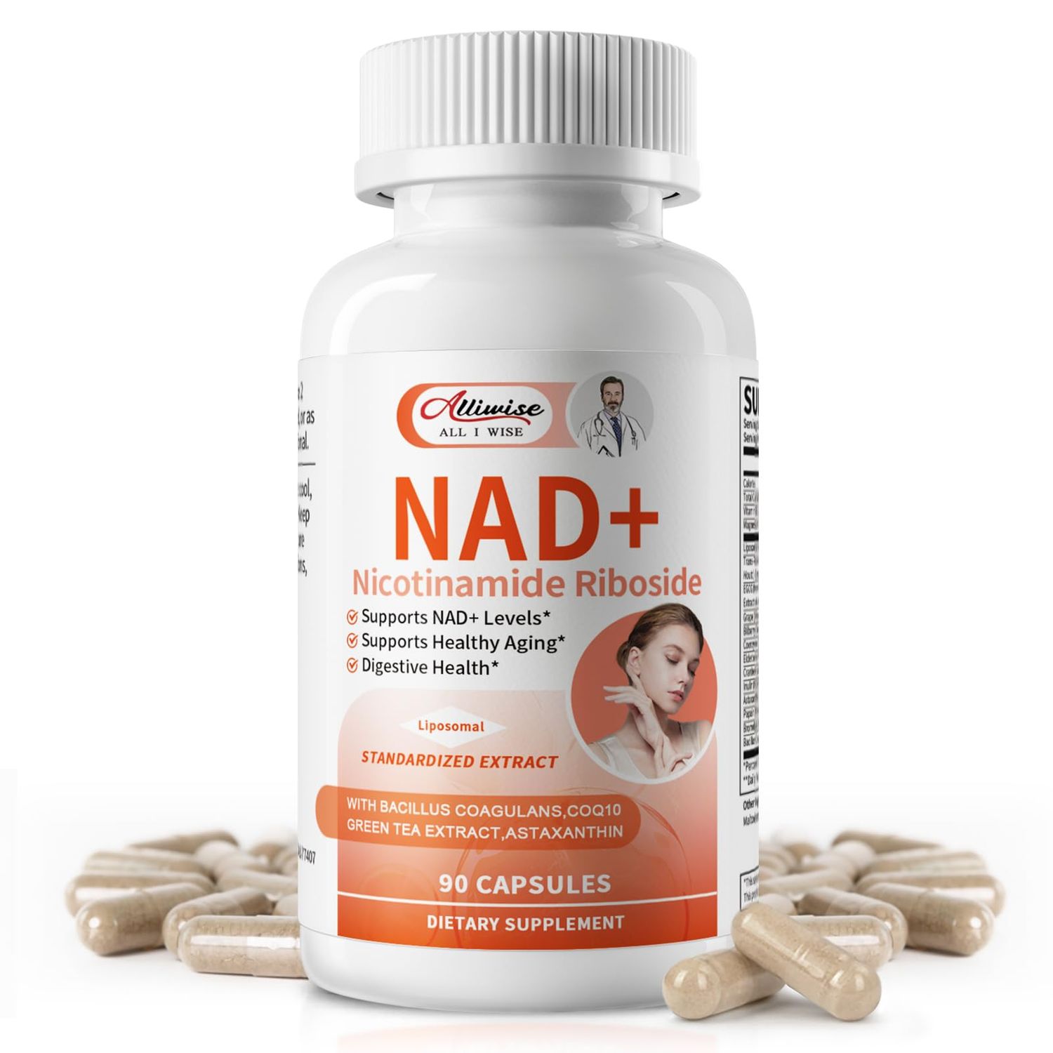 Alliwise NAD Supplement,Liposomal NAD Nicotinamide Riboside with Resveratrol, CoQ10,Astaxanthin - Energy,Aging &amp; Immune Support - 10X Absorption Technology