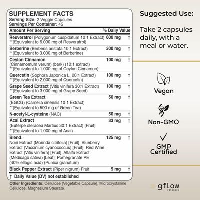 gflow vitamins Resveratrol Supplement - 6000mg Max Strength with Berberine 3000mg Ceylon Cinnamon 1000mg Quercetin 2000mg, n Acetyl cysteine, Green Tea Extract, Acai - 14-in-1 Complex, 100 Natural