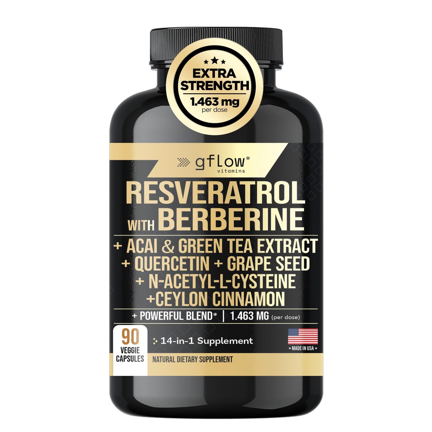 gflow vitamins Resveratrol Supplement - 6000mg Max Strength with Berberine 3000mg Ceylon Cinnamon 1000mg Quercetin 2000mg, n Acetyl cysteine, Green Tea Extract, Acai - 14-in-1 Complex, 100 Natural