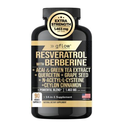 gflow vitamins Resveratrol Supplement - 6000mg Max Strength with Berberine 3000mg Ceylon Cinnamon 1000mg Quercetin 2000mg, n Acetyl cysteine, Green Tea Extract, Acai - 14-in-1 Complex, 100 Natural