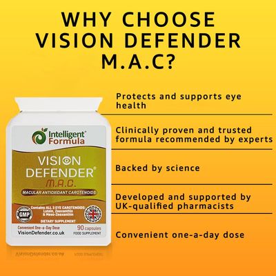 Vision Defender MAC Eye Supplement: Lutein, Zeaxanthin &amp; Meso-Zeaxanthin Triple Antioxidant Carotenoids for Eye Health and Eyesight (90 Capsules/One Capsule Daily) Made in UK